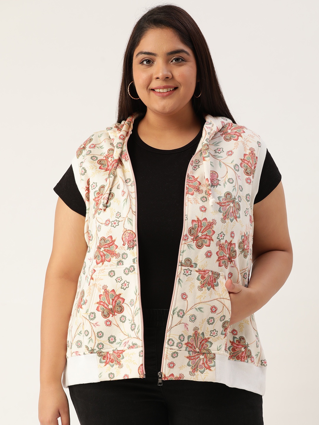 

Rute Plus Size Women Off White Floral Printed Hooded Sweatshirt