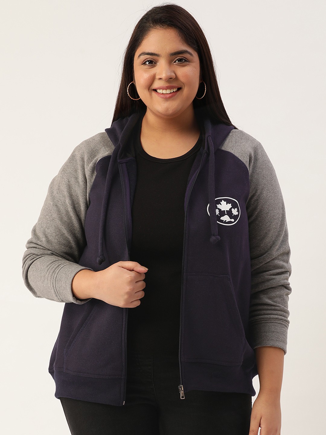 

Rute Plus Size Women Navy Blue Colourblocked Hooded Sweatshirt