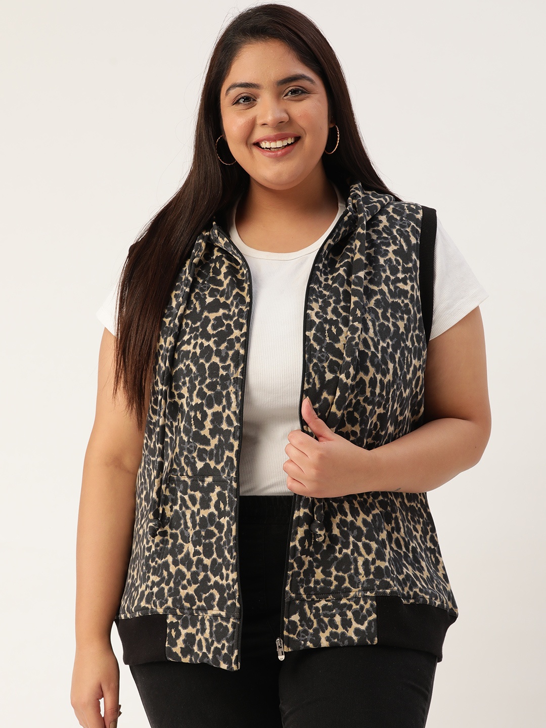 

Rute Plus Size Women Black Leopart Printed Hooded Sweatshirt