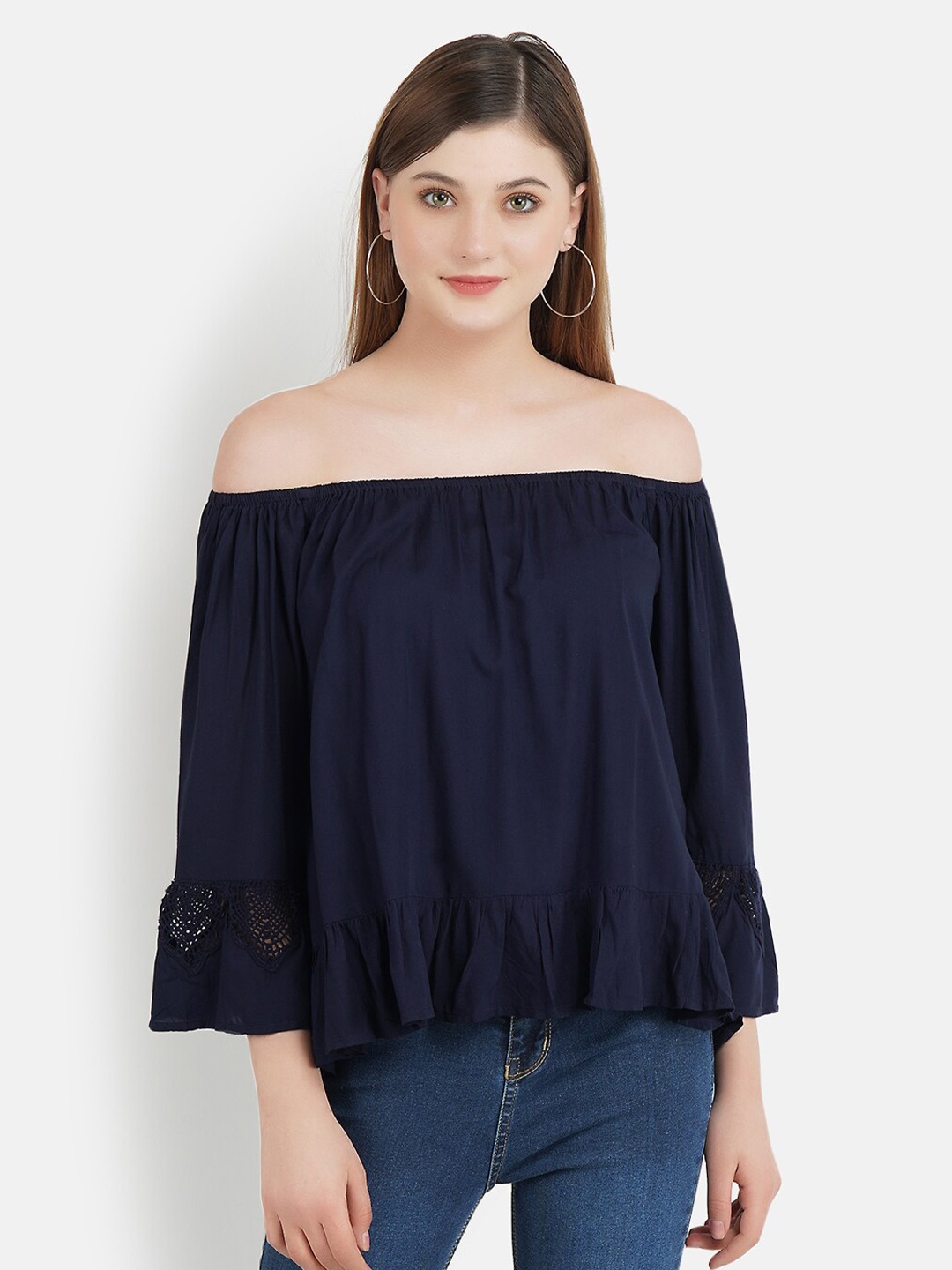 

Aditi Wasan Navy Blue Off-Shoulder Ruffles Bardot Top