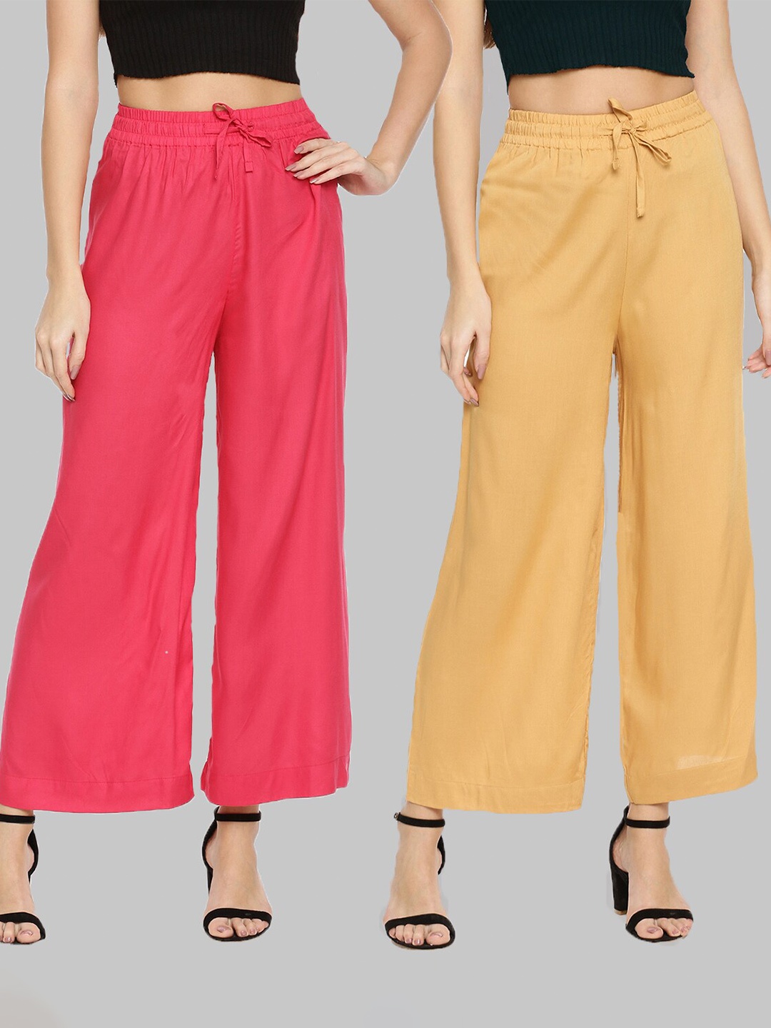 

TWIN BIRDS Women Pack Of 2 Pink & Yellow Knitted Wide leg Palazzos
