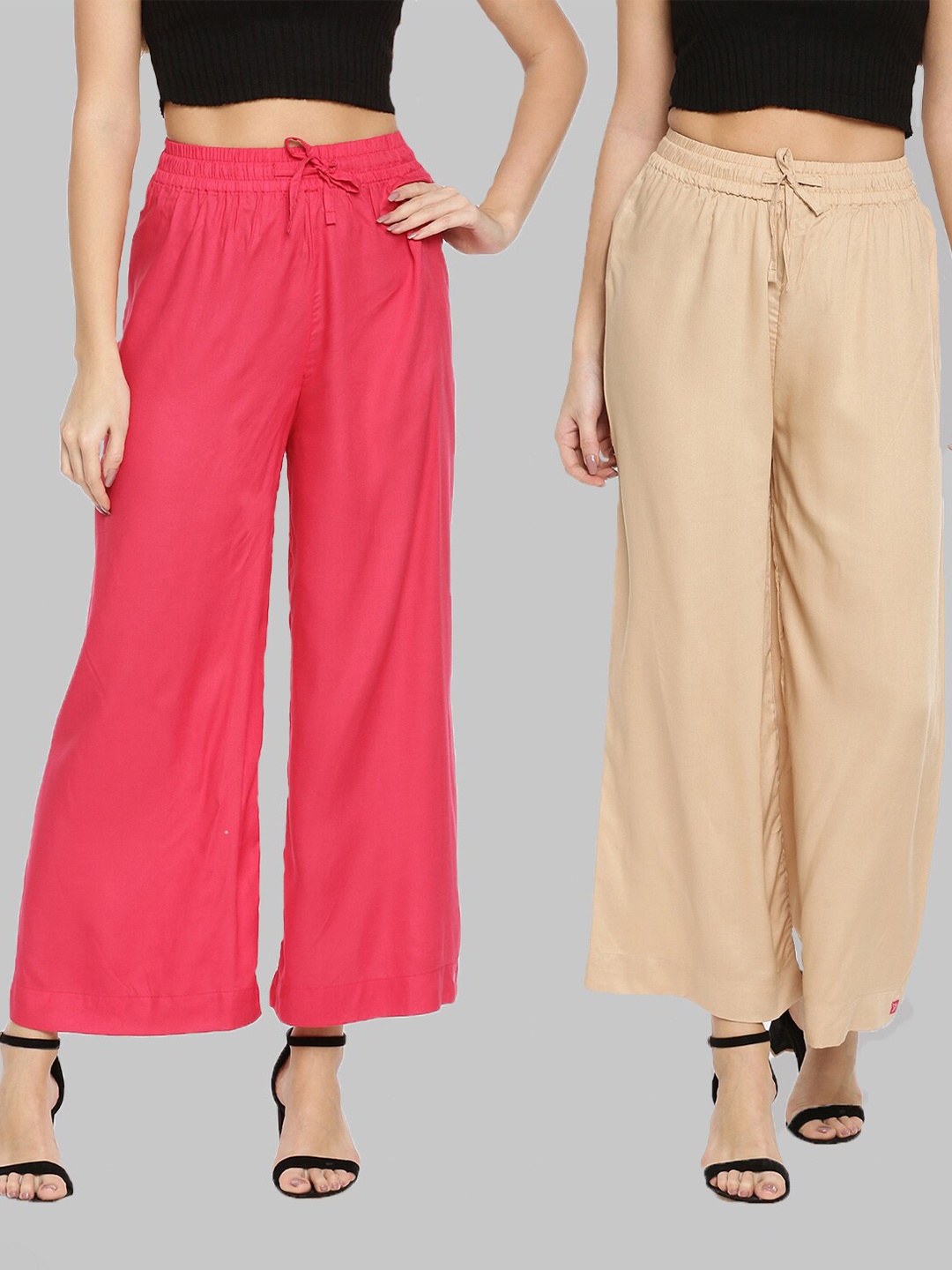 

TWIN BIRDS Women Pack Of 2 Pink & Beige Solid Wide Leg Palazzos