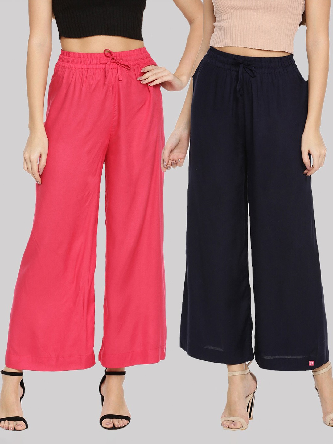 

TWIN BIRDS Set-2 Women Pink & Black Knitted Palazzos