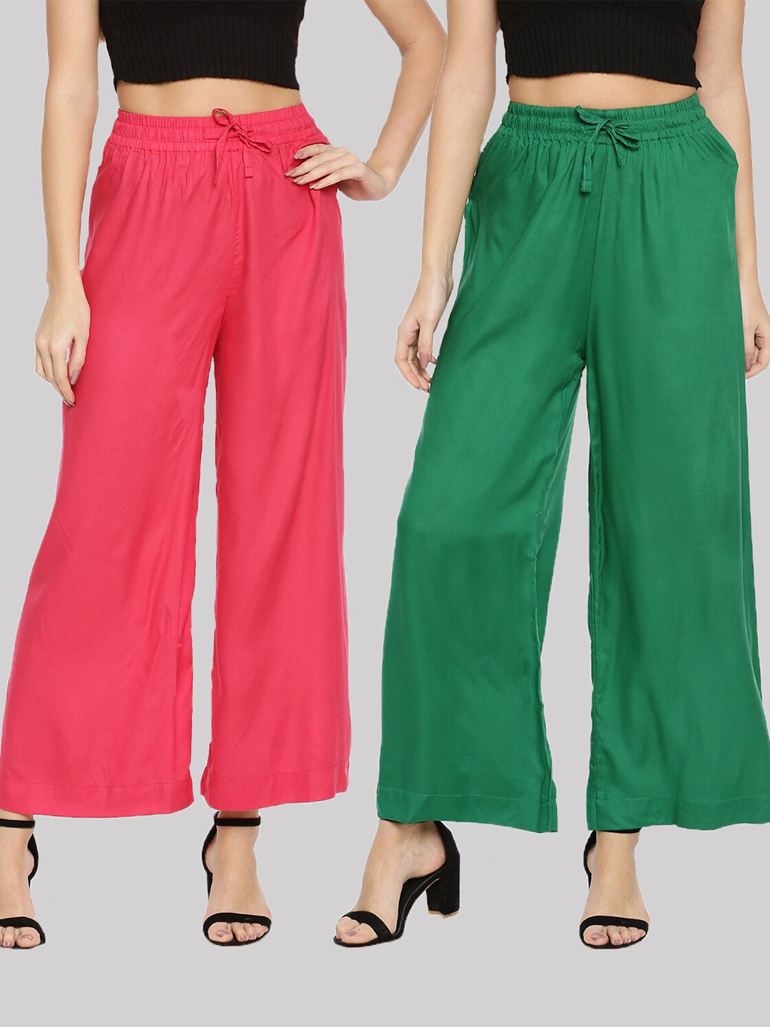 

TWIN BIRDS Women Pack Of 2 Pink & Green 2 Knitted Wide leg Palazzos