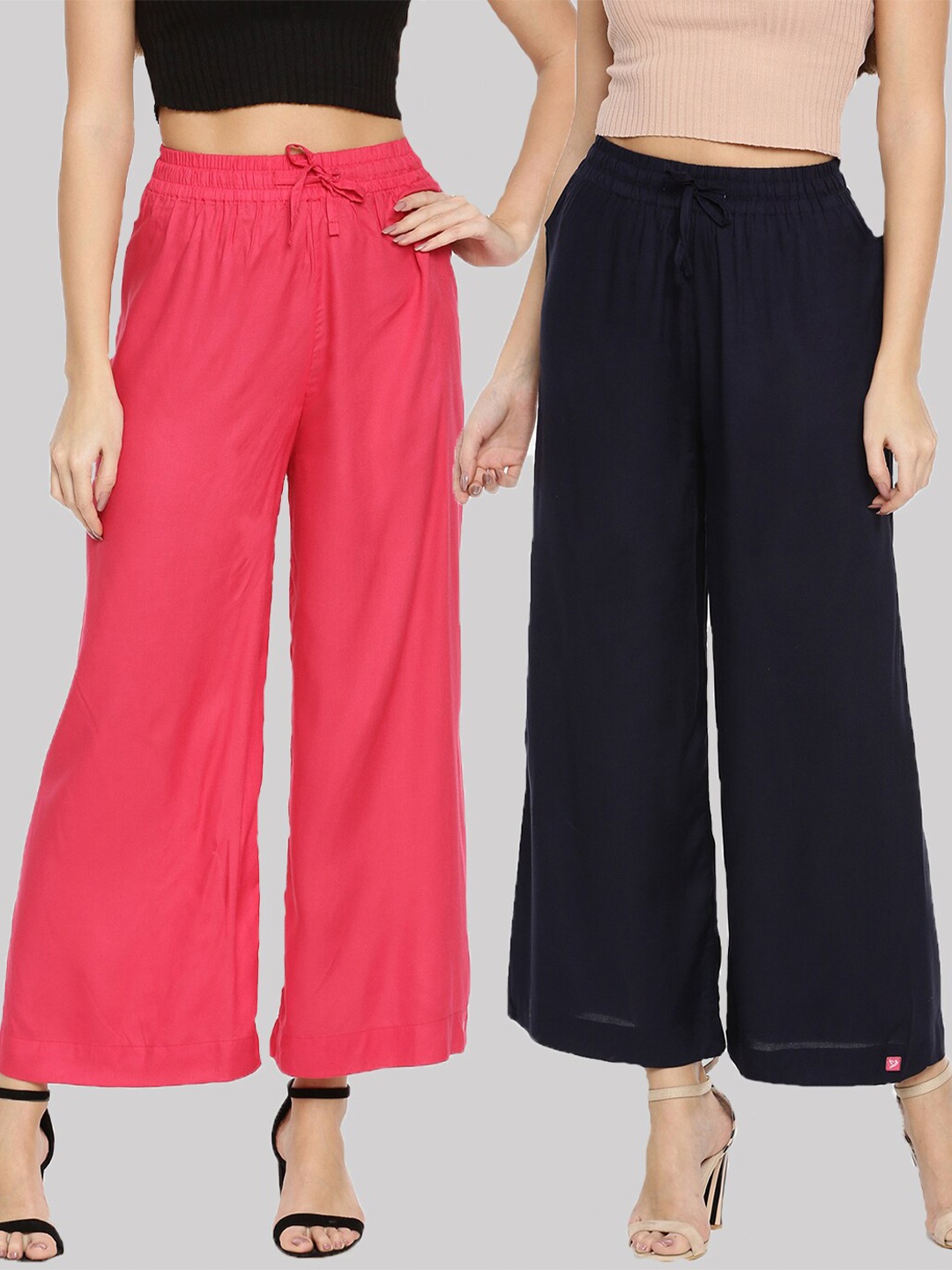 

TWIN BIRDS Women Pack of 2 Knitted Wide Leg Palazzos, Pink