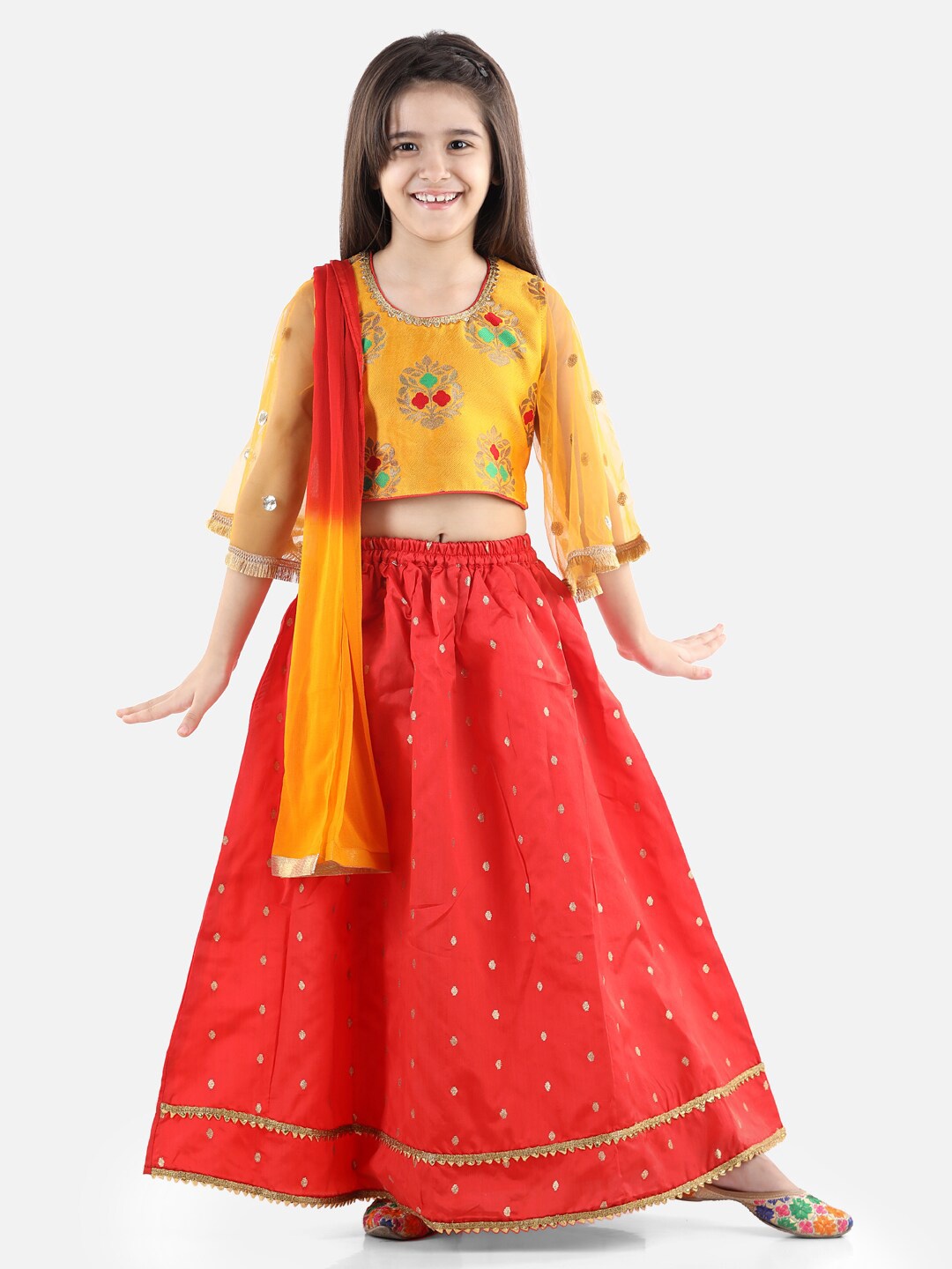 

BownBee Girls Yellow & Red Sequinned Ready to Wear Lehenga & Blouse With Dupatta