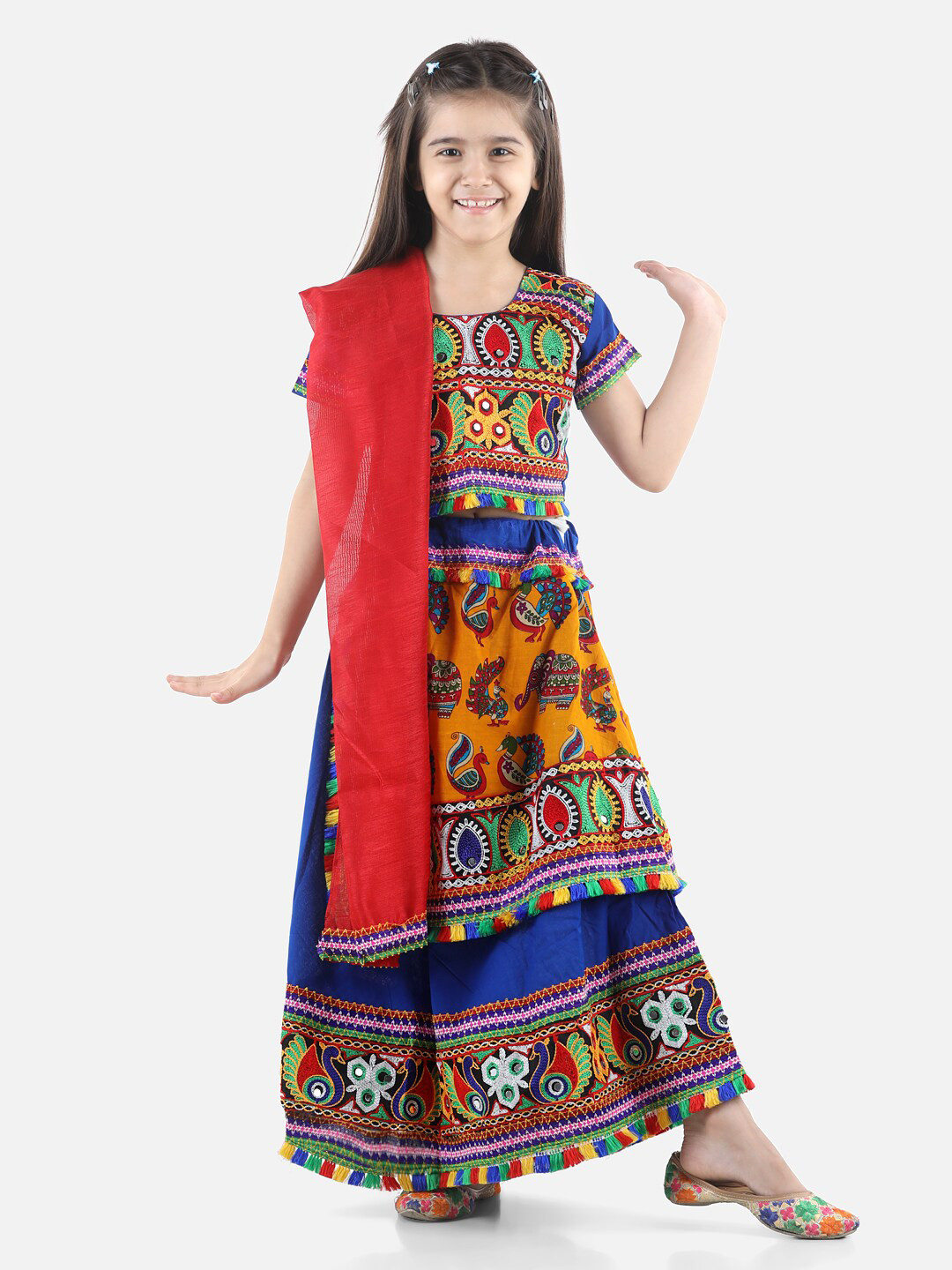 

BownBee Girls Blue & Red Embellished Ready to Wear Lehenga & Blouse With Dupatta