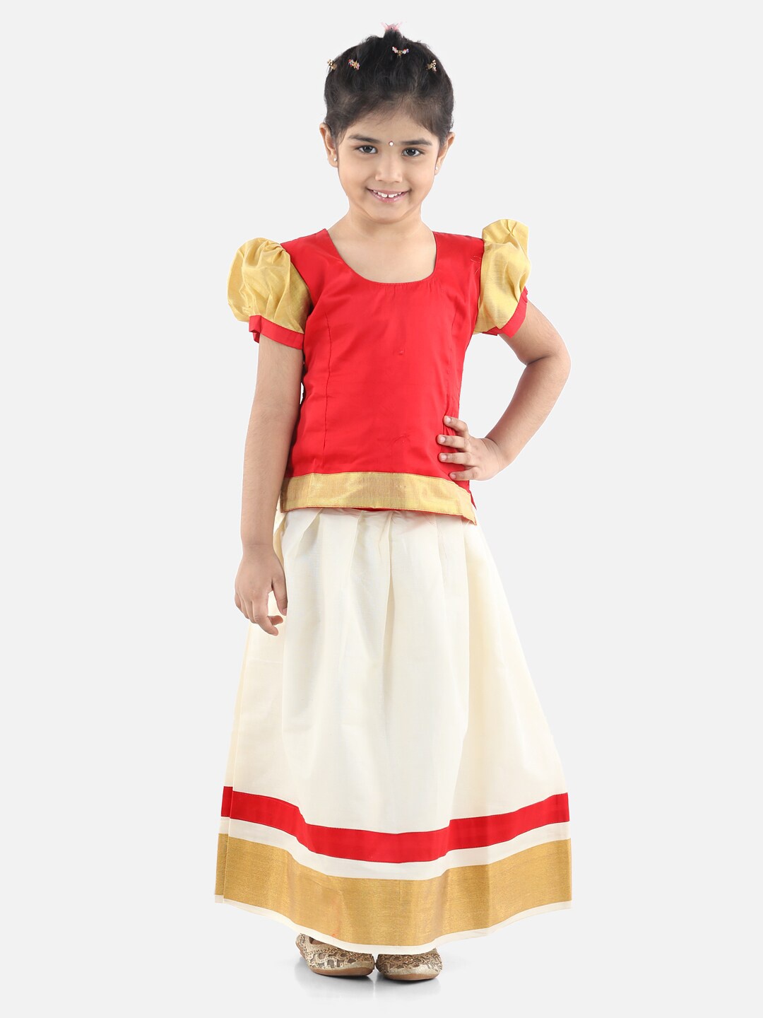 

BownBee Girls Red & White Ready to Wear South Indian Pavda Pattu Lehenga Choli