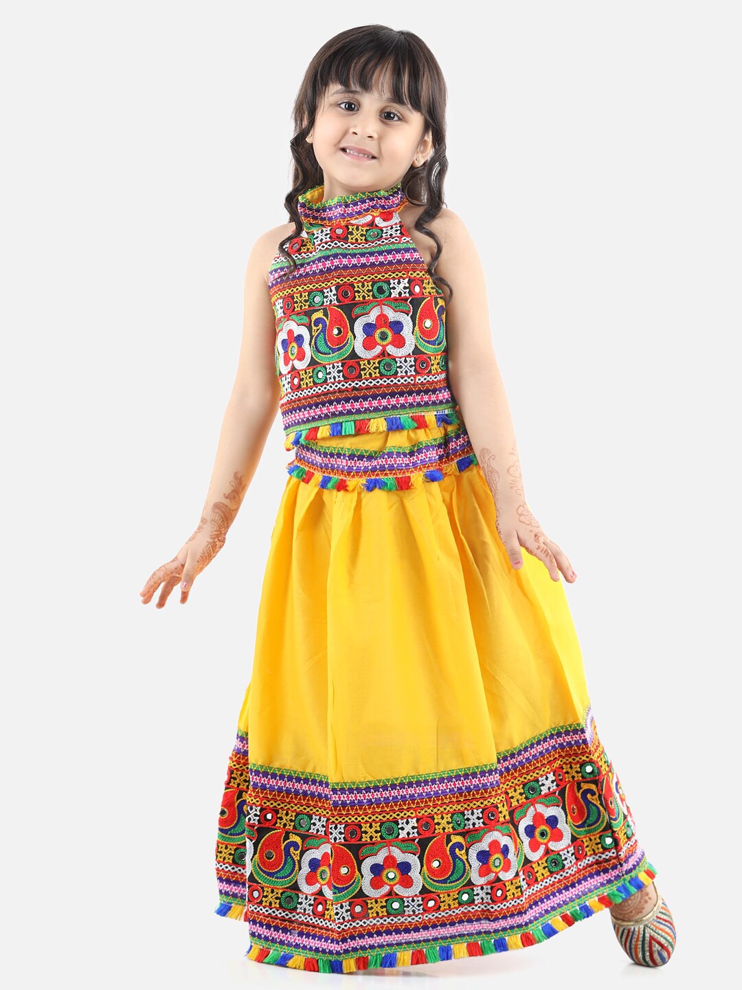 

BownBee Girls Yellow & Red Embroidered Ready to Wear Lehenga & Blouse