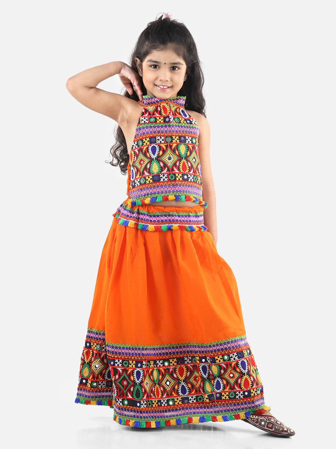 

BownBee Girls Orange & Blue Embellished Mirror Work Ready to Wear Lehenga