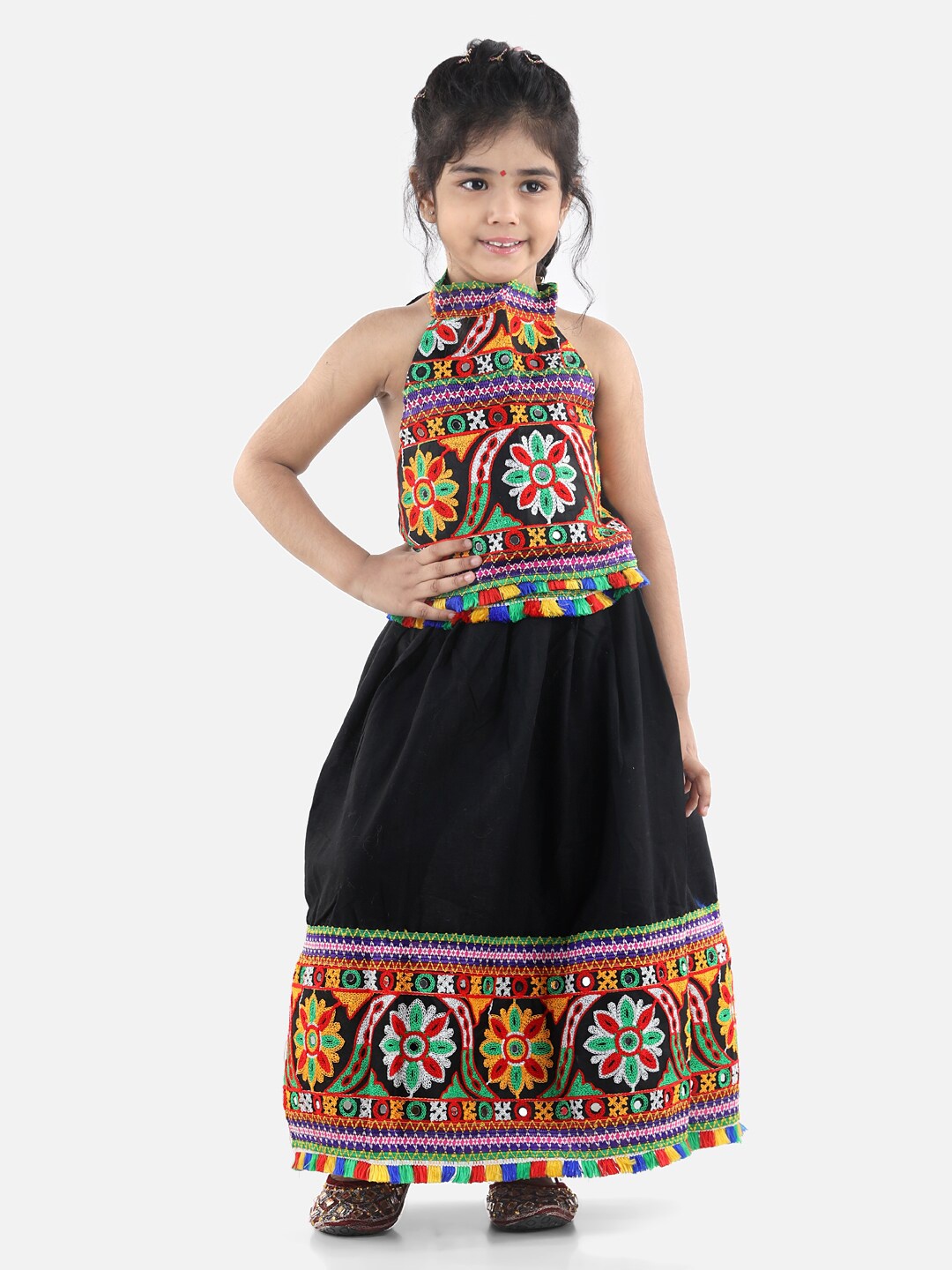 

BownBee Girls Black & White Embellished Mirror Work Cotton Ready to Wear Lehenga