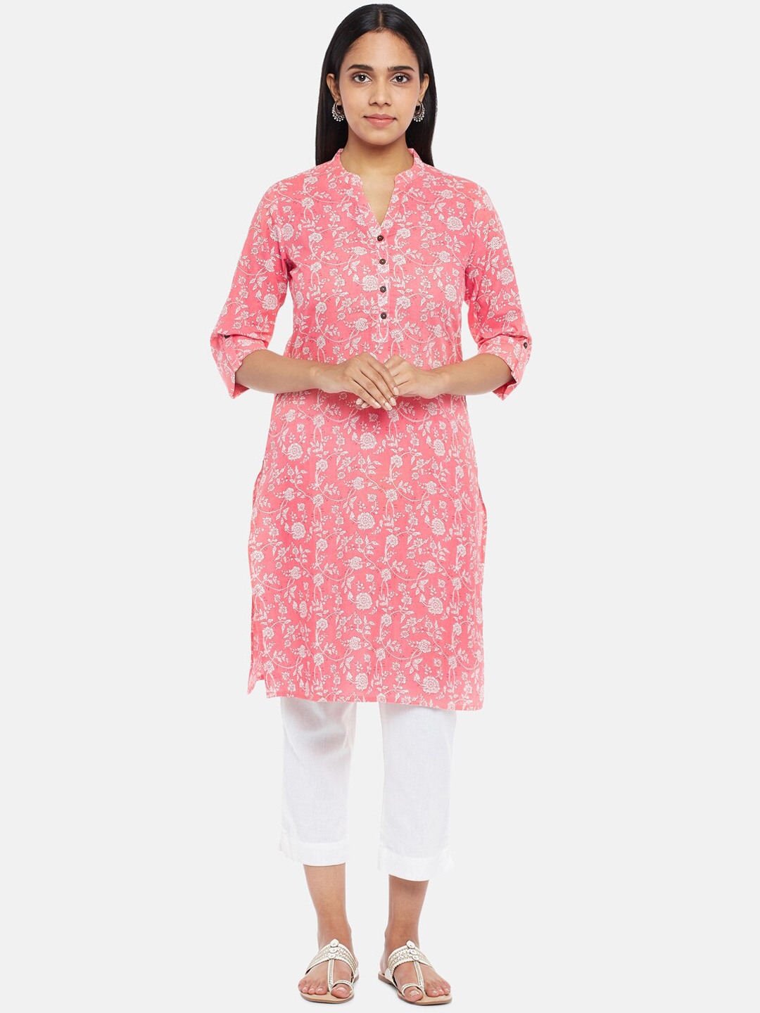 

RANGMANCH BY PANTALOONS Women Pink & Off White Floral Printed Kurta