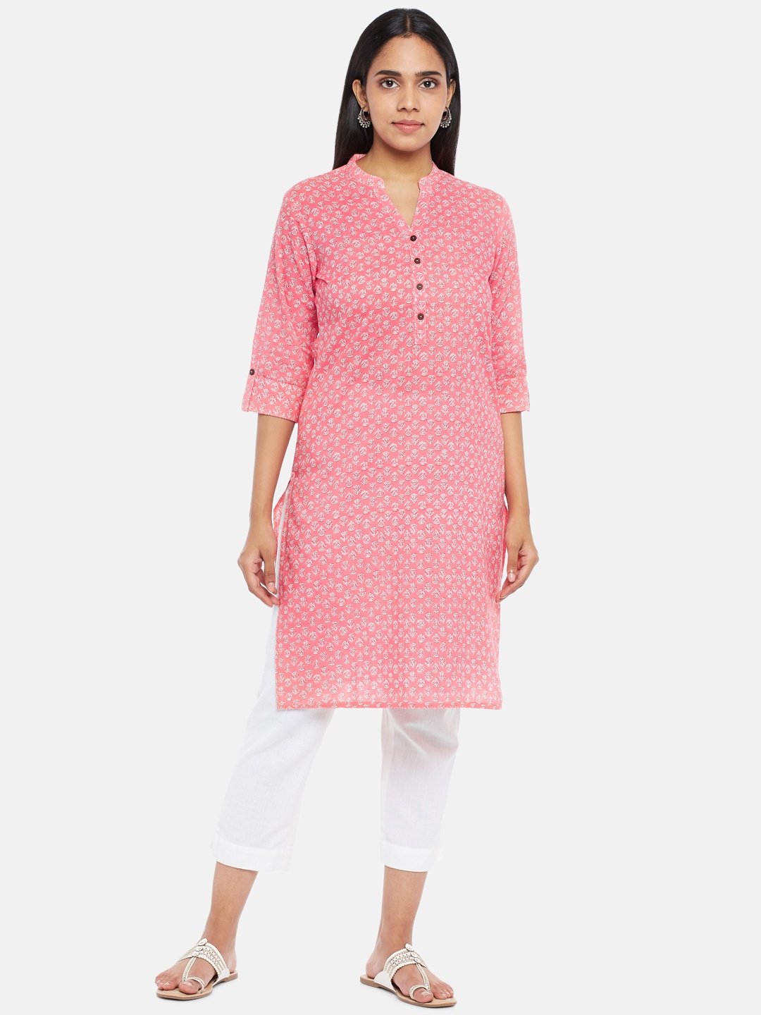 

RANGMANCH BY PANTALOONS Mandarin Collar Ethnic Motifs Printed Straight Cotton Kurta, Pink