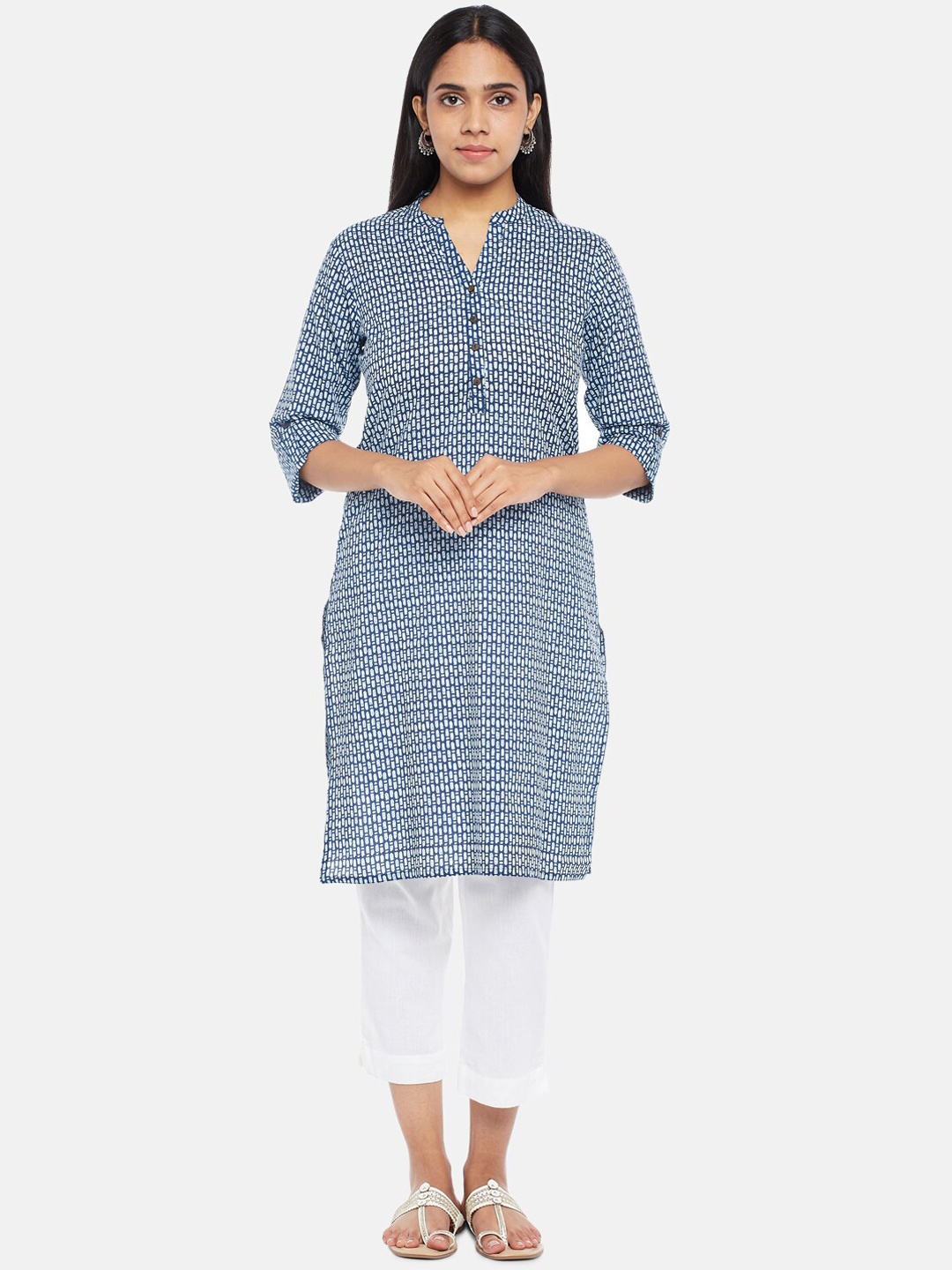 

RANGMANCH BY PANTALOONS Women Blue Geometric Striped Thread Work Kurta