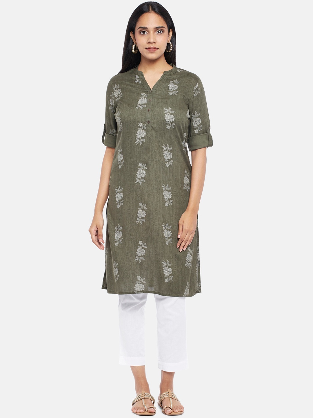 

RANGMANCH BY PANTALOONS Women Green & Off White Floral Printed Kurta