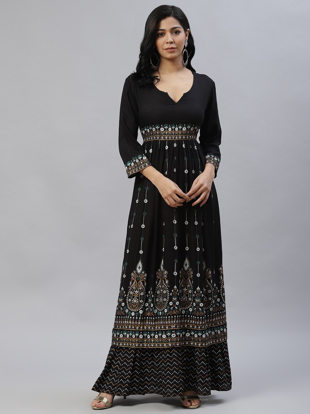 

Laado - Pamper Yourself Black & Off White Ethnic Motifs Ethnic Empire Maxi Dress