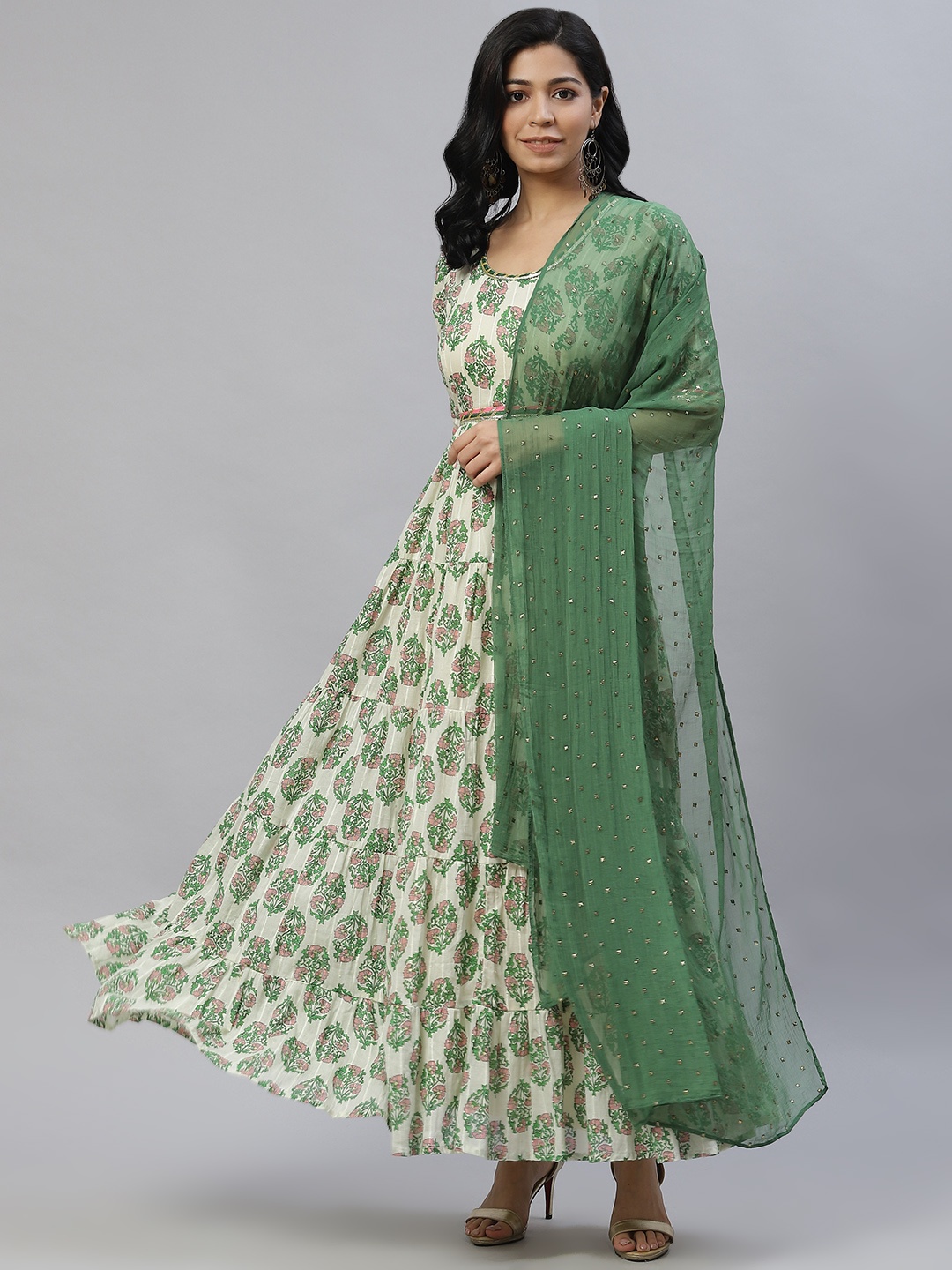 

Laado - Pamper Yourself Cream-Coloured & Green Floral Ethnic Maxi Dress with Dupatta