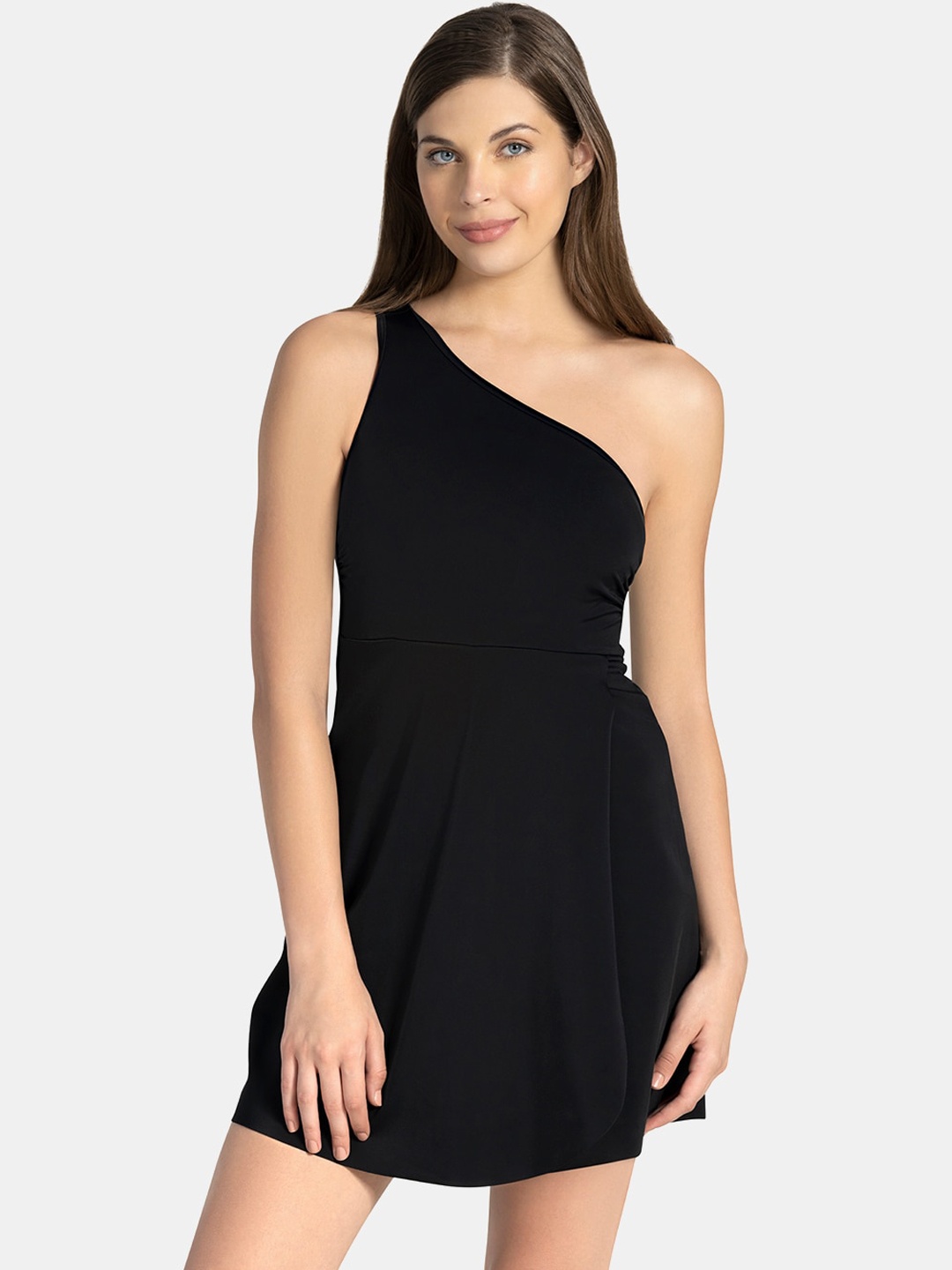 

Amante Women Black Solid Swimming Dress With Attached Shorts