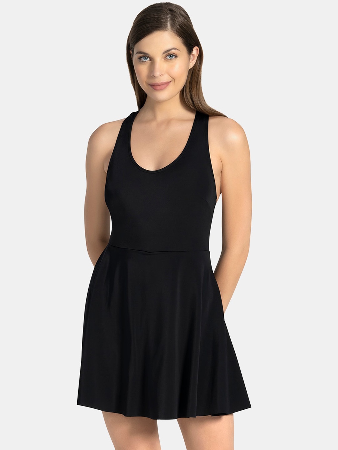 

Amante Women Black Solid Flared Racerback Swimming Dress