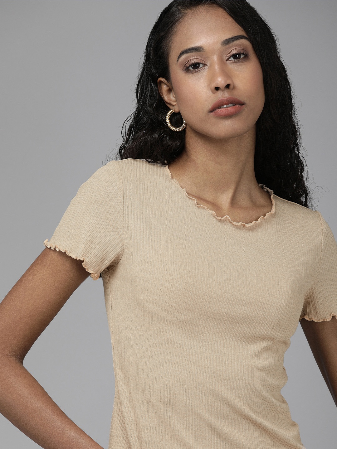 

ONLY Women Beige Ribbed Lettuce Hem T-shirt