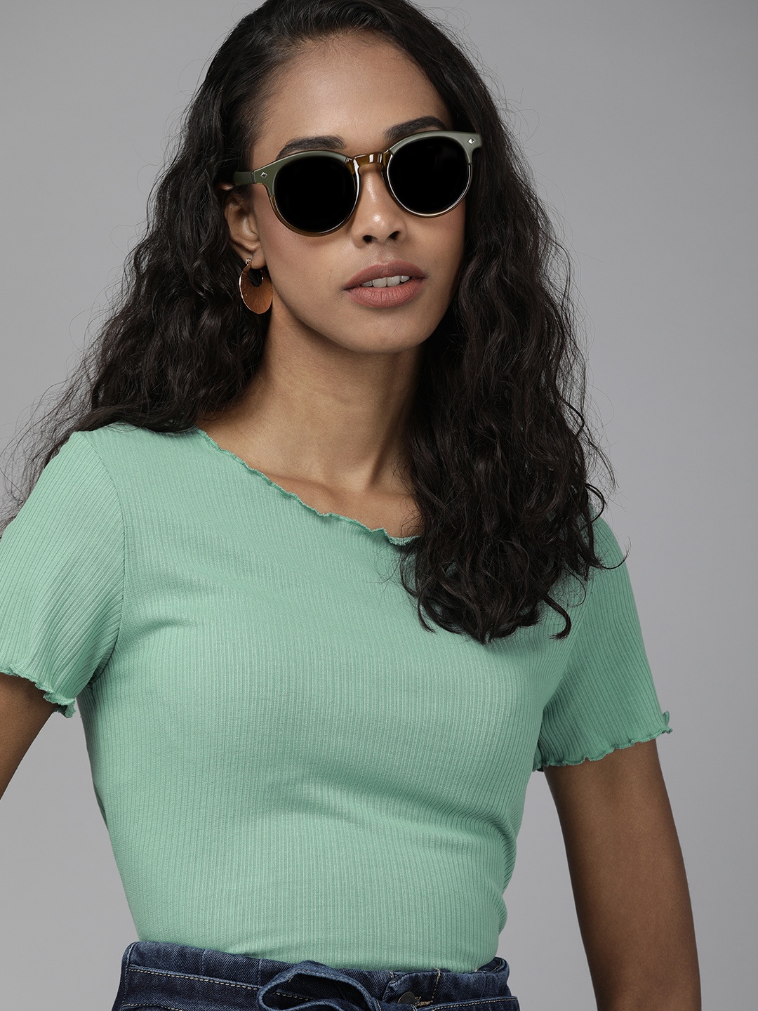 

ONLY Women Green Ribbed Lettuce Hem T-shirt