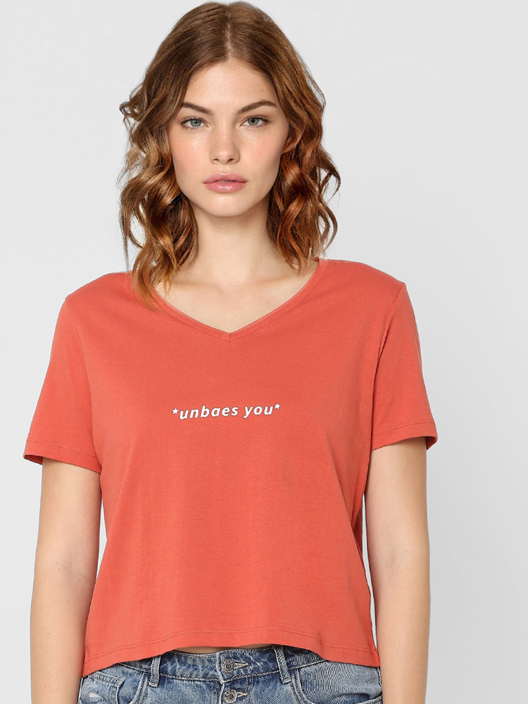 

ONLY Women Rust Red Typography Printed V-Neck T-shirt