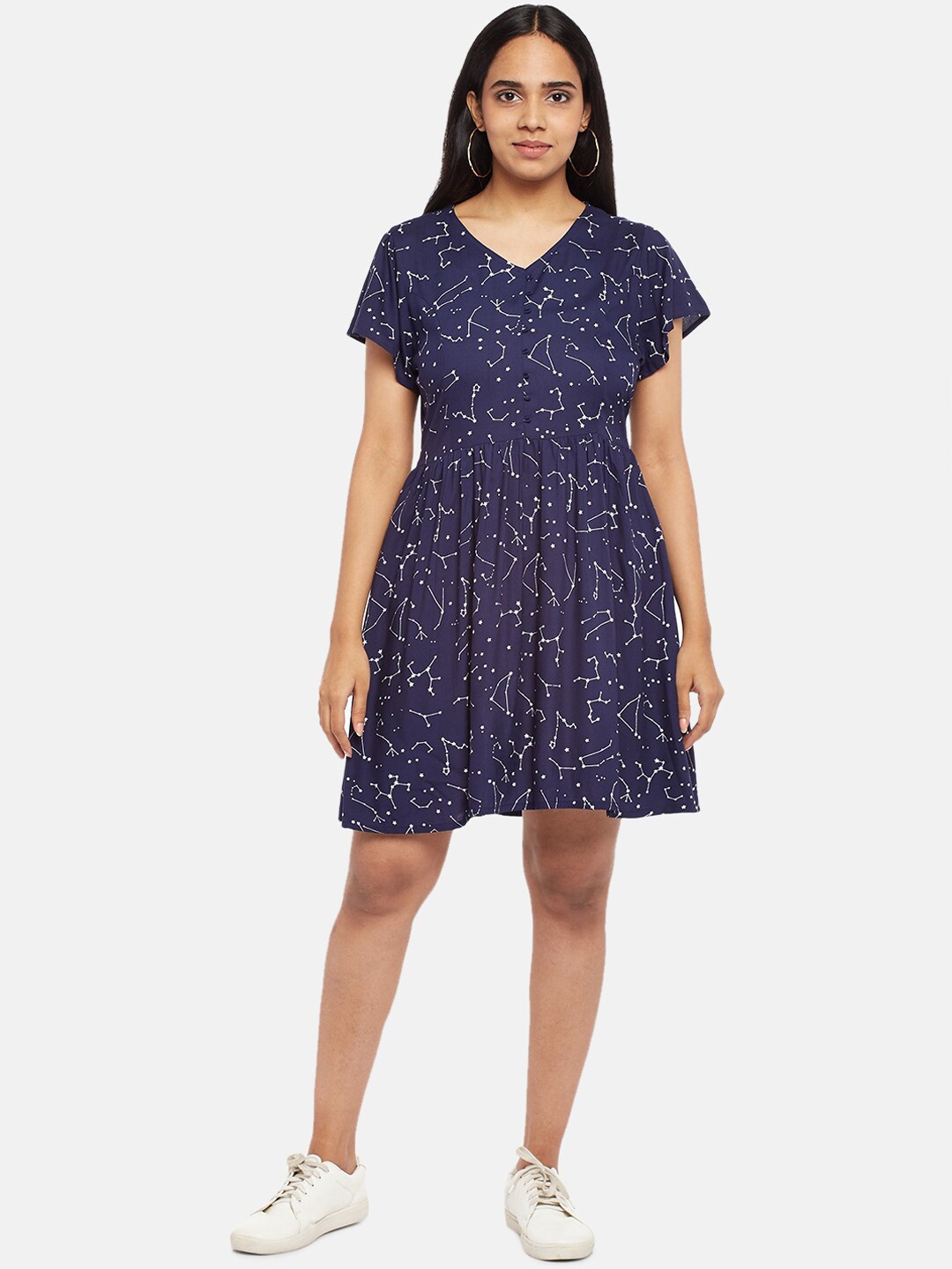 

People Navy Blue Printed Fit & Flare Dress