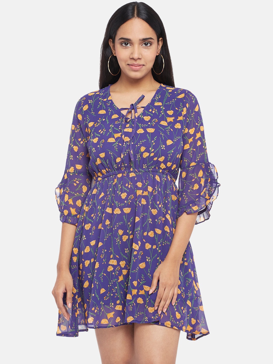 

People Navy Blue Floral Tie-Up Neck Dress