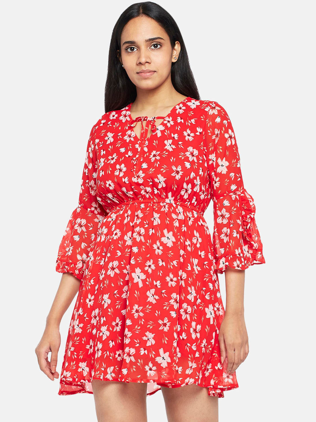 

People Red Floral Tie-Up Neck Dress