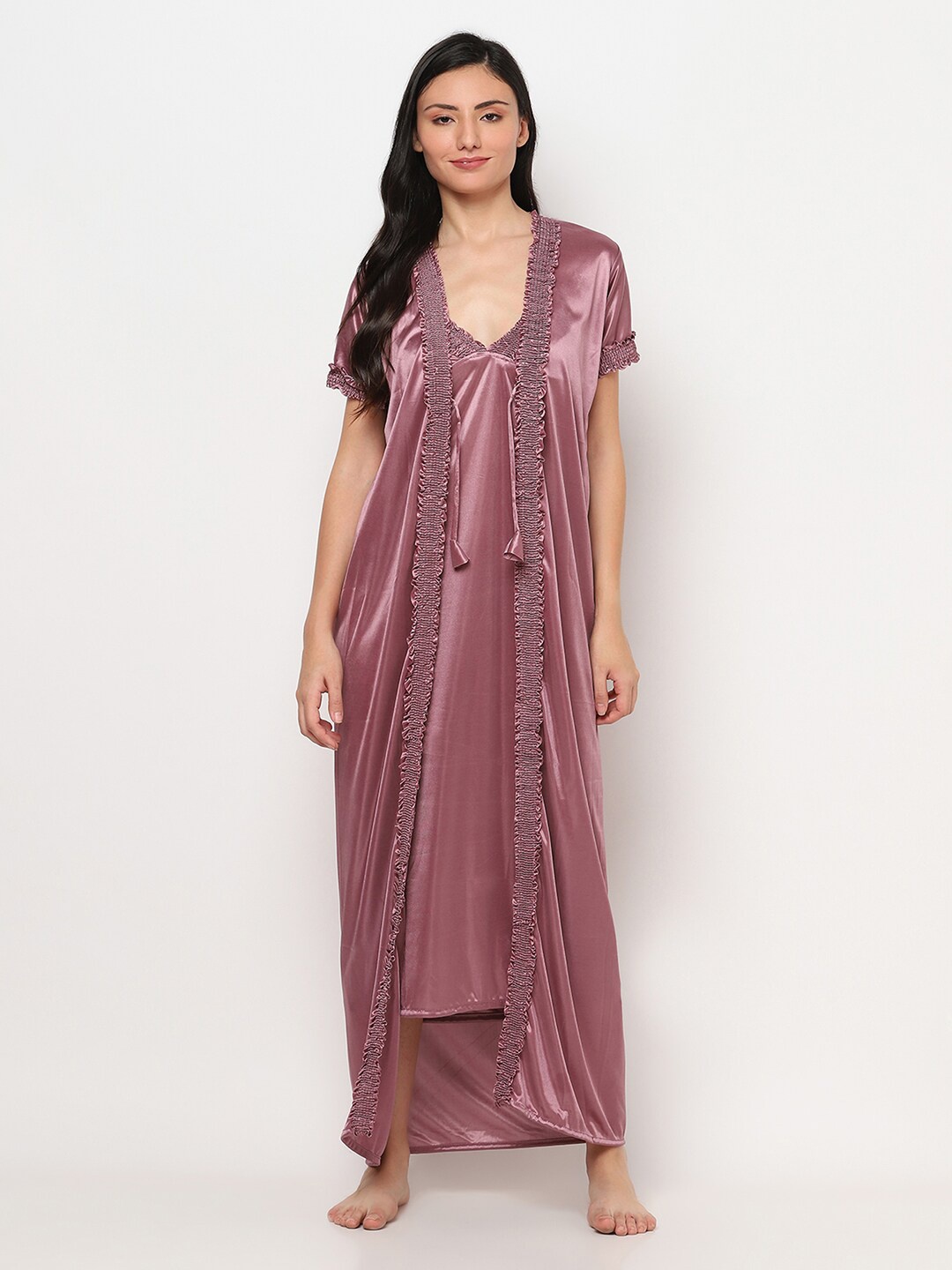 

TRUNDZ Gunmetal-Toned Solid Maxi Nightdress With Robe, Metallic