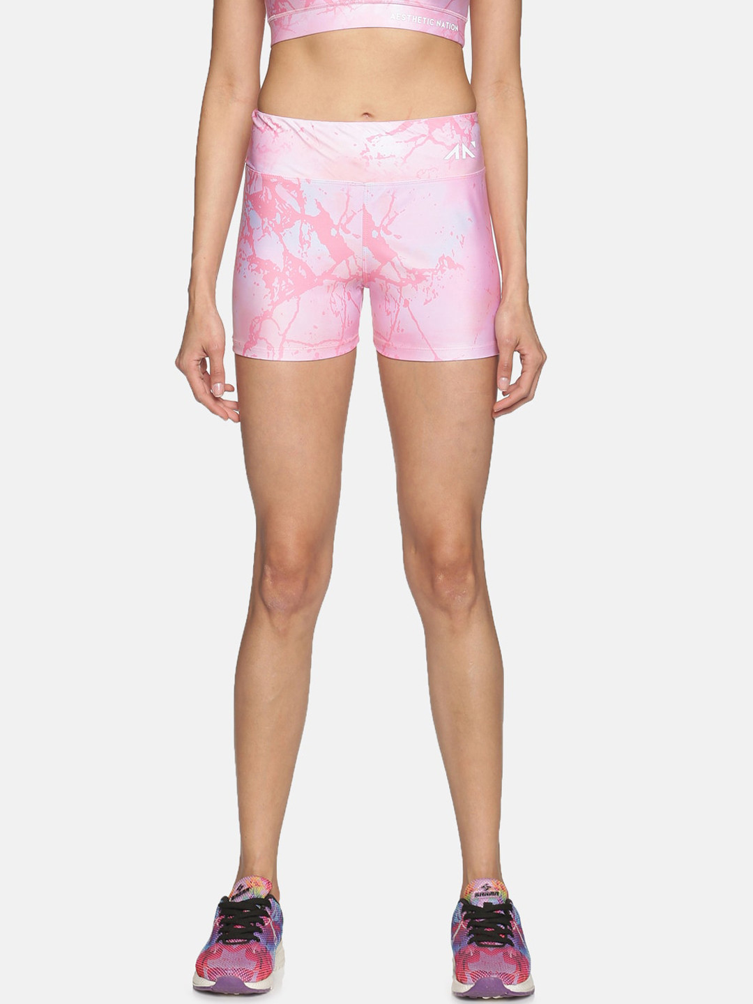

AESTHETIC NATION Women Pink Printed Slim Fit High-Rise Training or Gym Sports Shorts