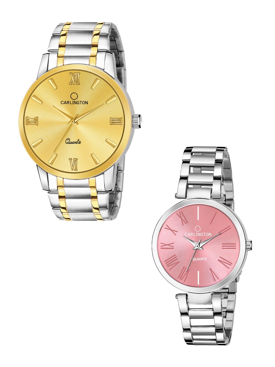 

CARLINGTON Unisex Set of 2 Brass Dial Analogue Watch - Combo CT-6210SG and 112 Pink, Gold