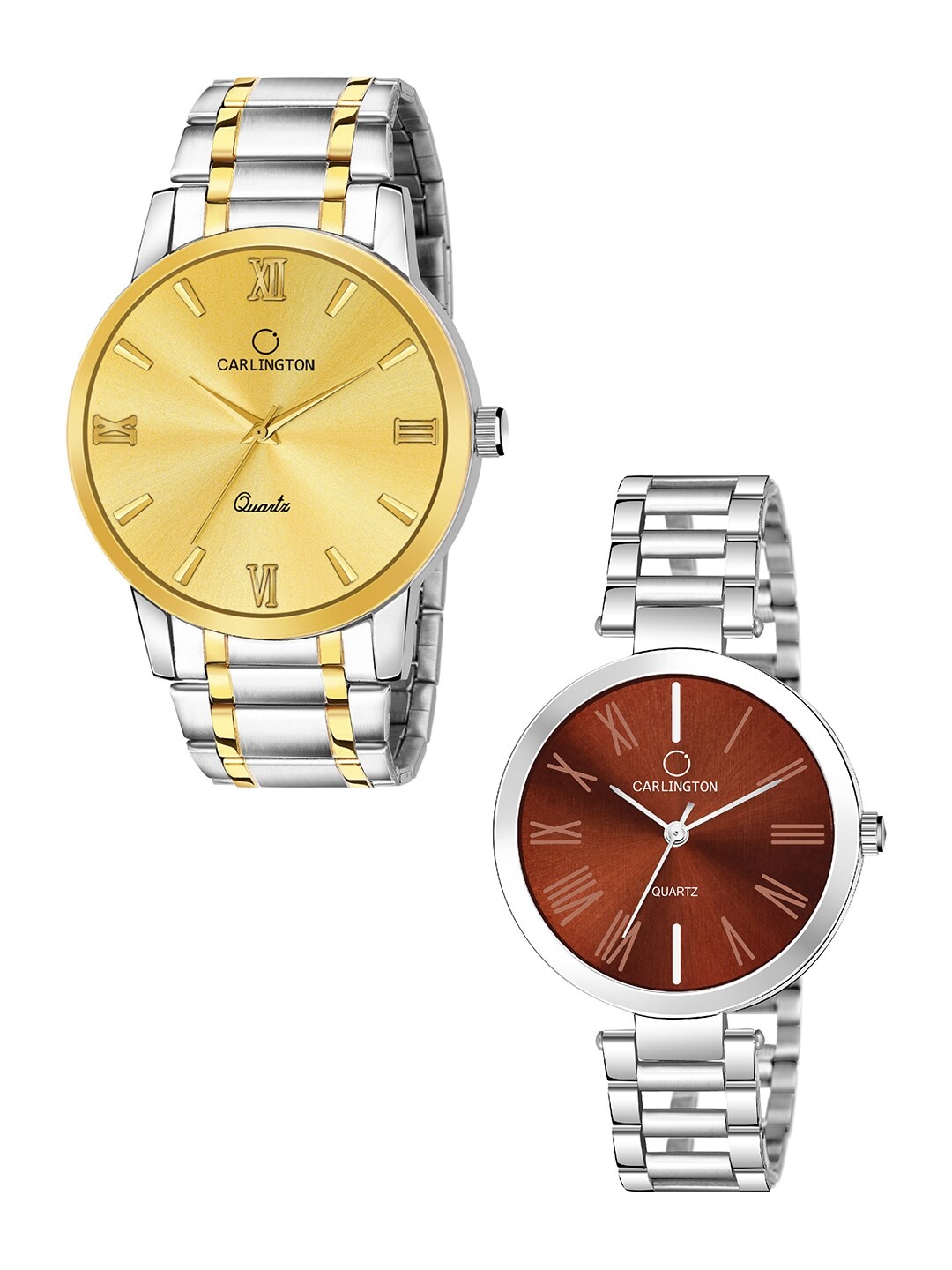 

CARLINGTON Set Of 2 Unisex Style Straps Analogue Watch Combo CT-6210SG and 112 Brow, Gold