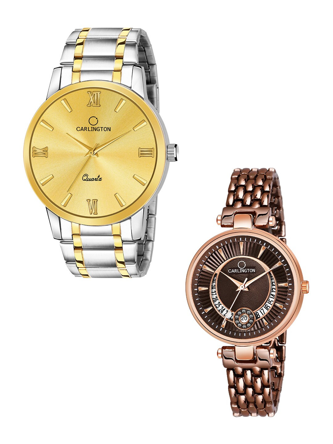 

CARLINGTON Unisex Brass Embellished Dial & Stainless Steel Watch Gift Set, Gold