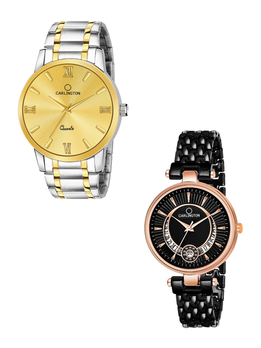 

CARLINGTON Unisex Gold & Black Brass Dial Straps Analogue Watch Combo CT-6210SG