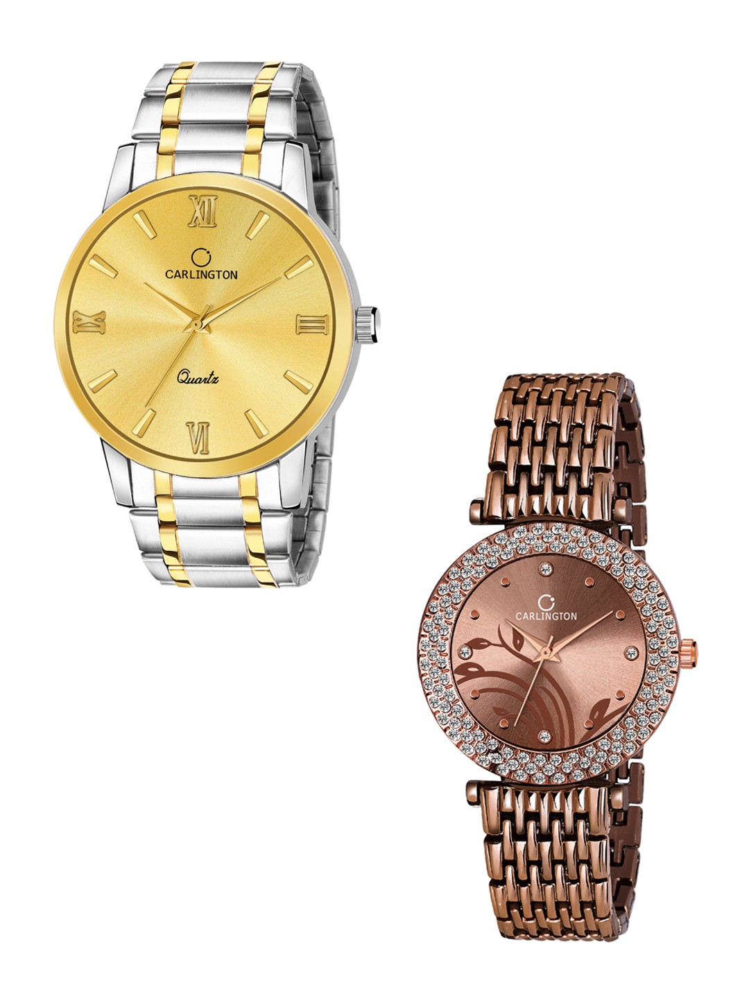 

CARLINGTON Set Of 2 Multicoloured Brass Embellished Dial Bracelet Style Straps Watch, Gold