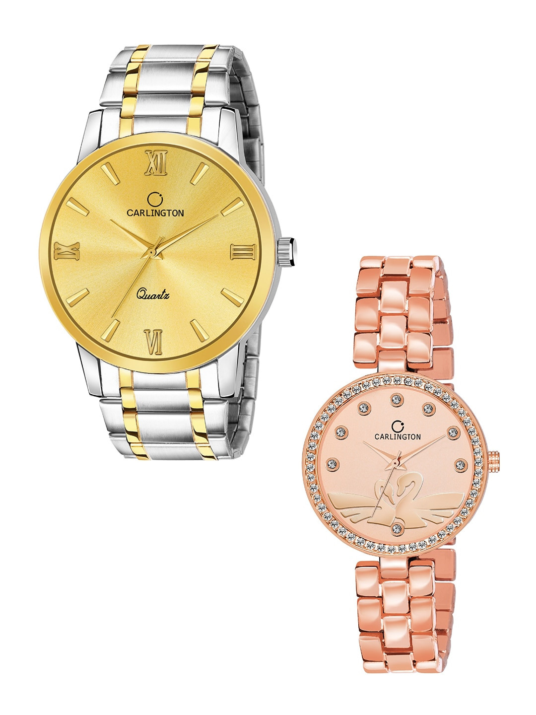 

CARLINGTON Unisex Yellow & Rose Set Of 2 Stainless Steel Bracelet Style Analogue Watches, Silver