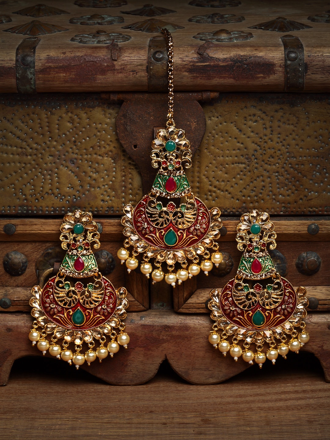 

PANASH Women Gold-Plated Handcrafted Earrings and Maang Tikka