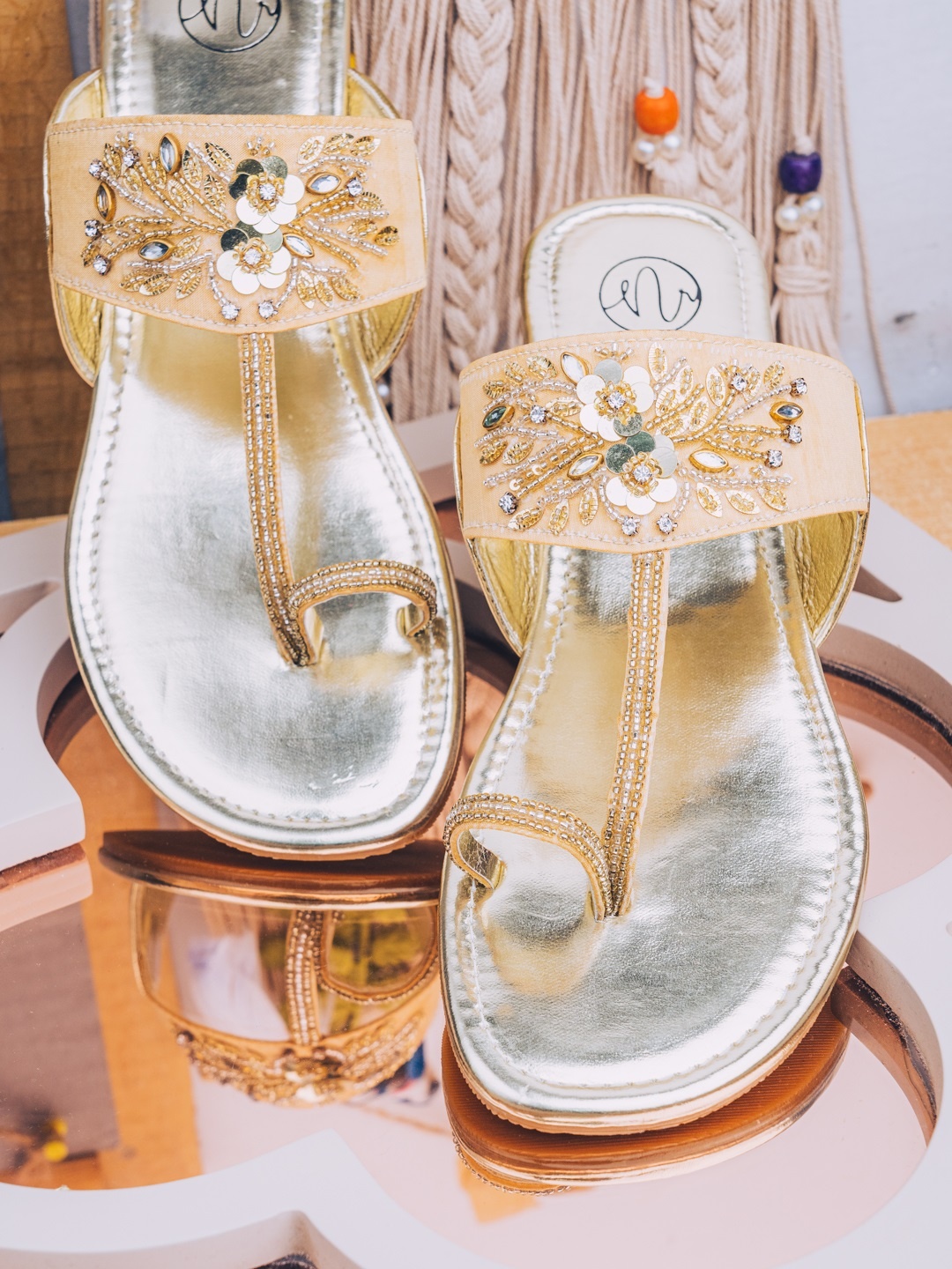 

NR By Nidhi Rathi Women Golden Embellished Leather Ethnic One Toe Flats, Gold