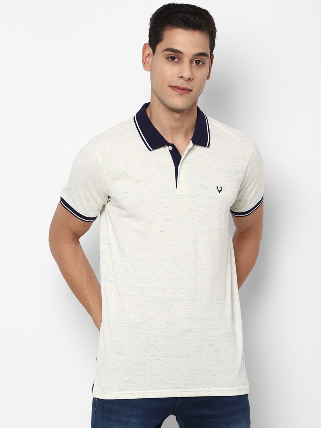 

Allen Solly Men Cream-Coloured Self Design Polo Collar Cotton T-shirt