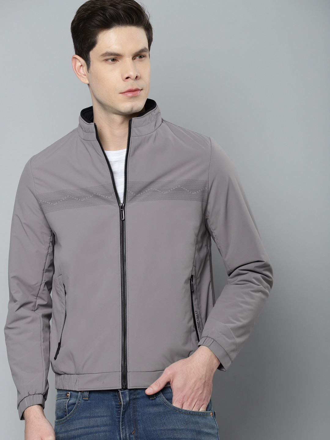 

Fort Collins Men Grey Solid Bomber Jacket