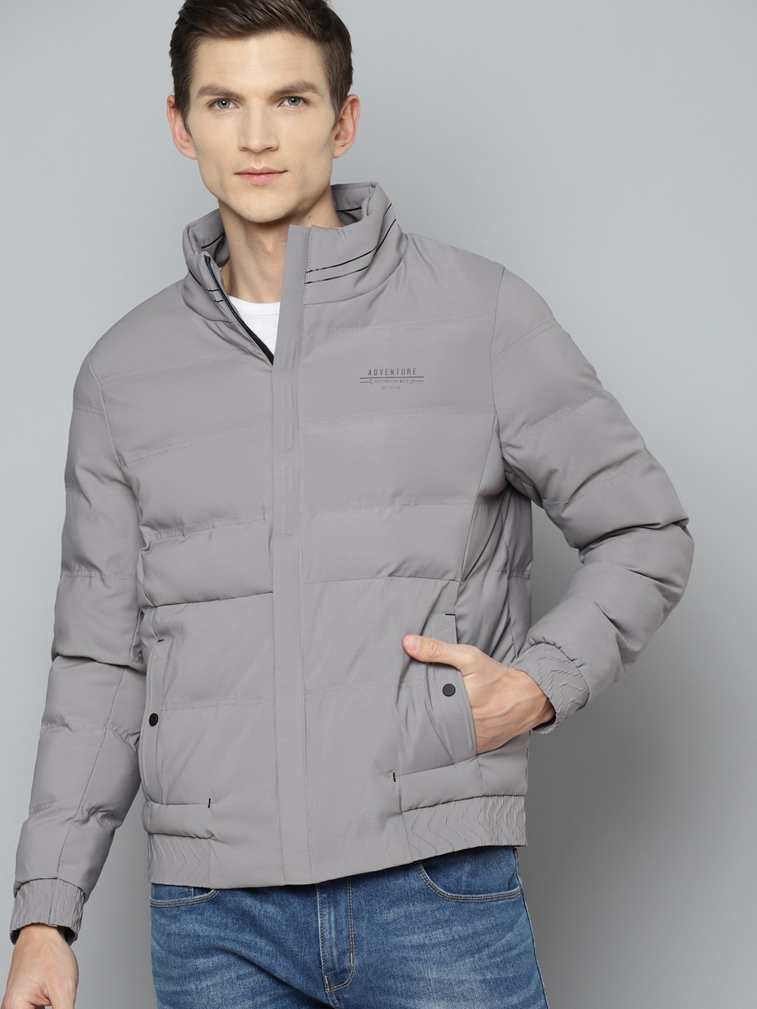 

Fort Collins Men Grey Solid Bomber Jacket
