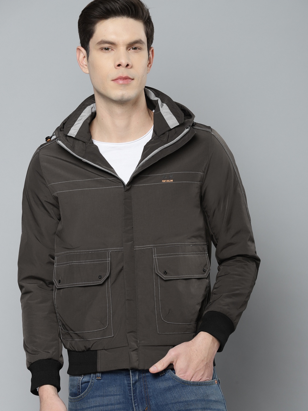 

Fort Collins Men Charcoal Grey Solid Padded Jacket