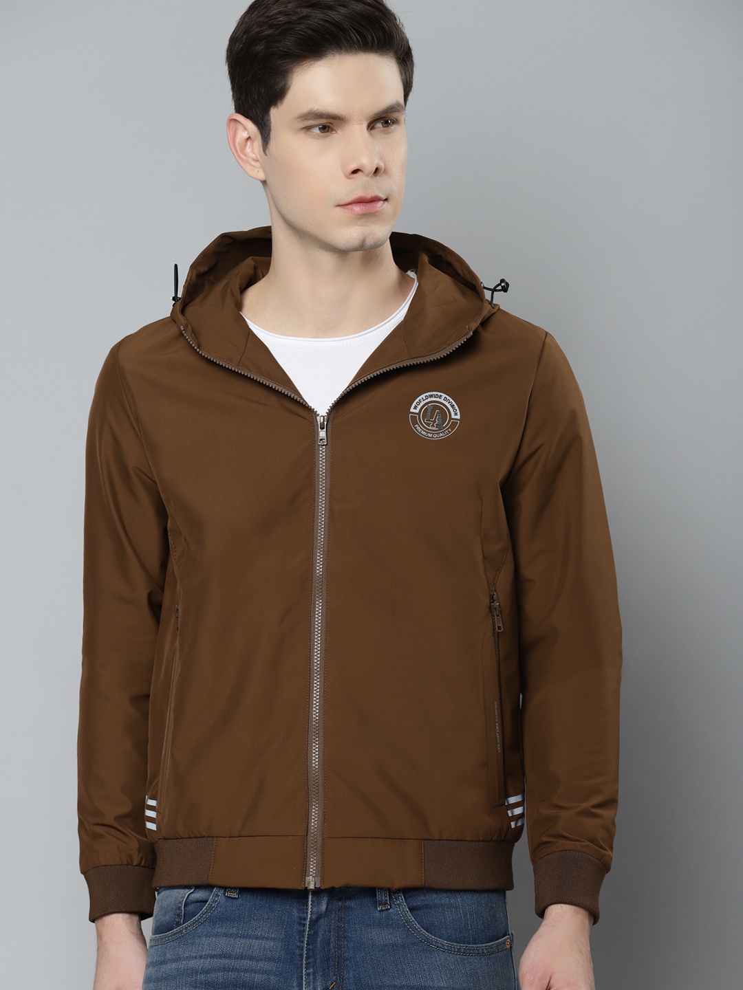 

Fort Collins Men Brown Hooded Solid Tailored Jacket