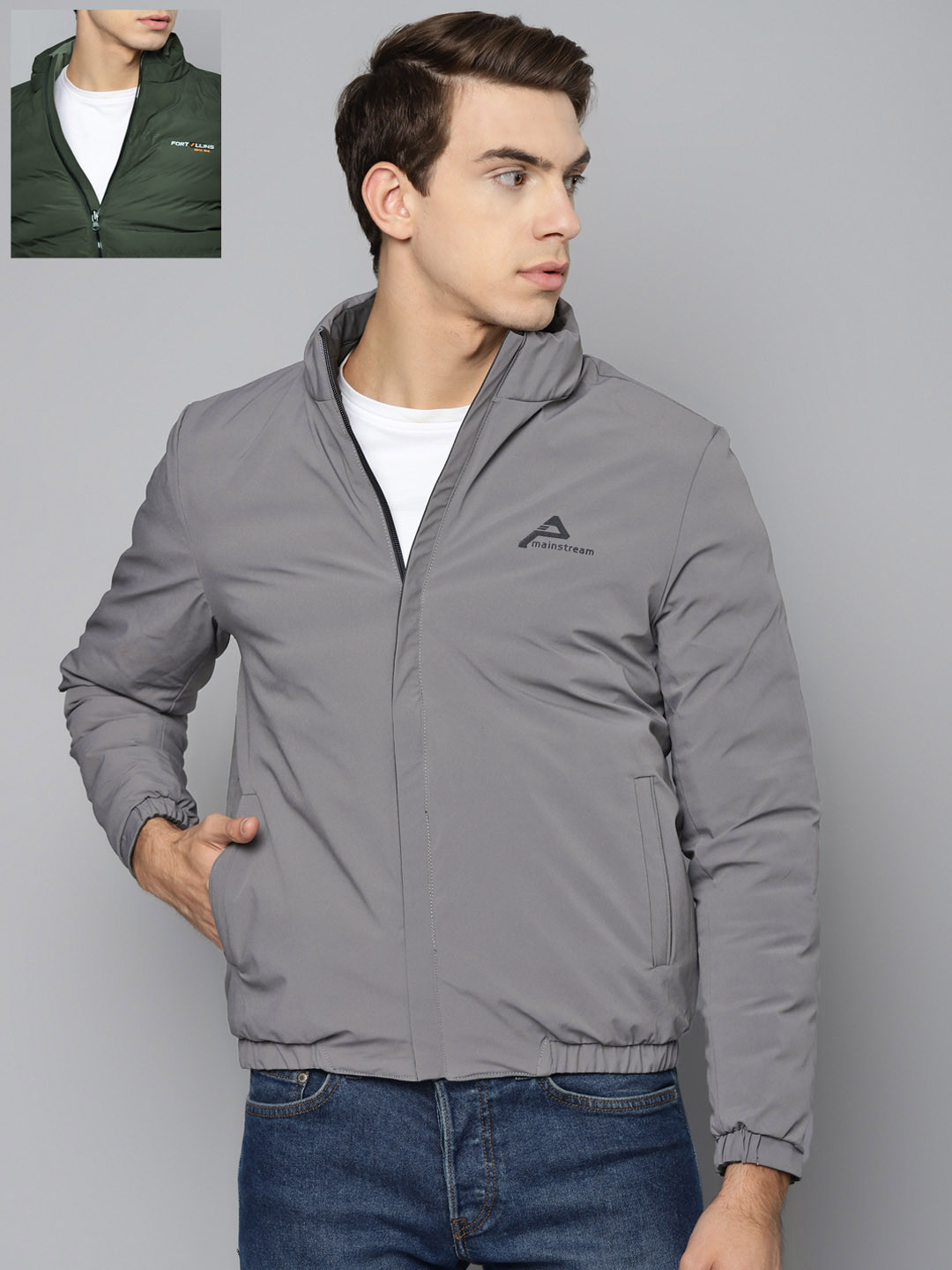 

Fort Collins Men Charcoal Grey & Black Solid Reversible Padded Jacket