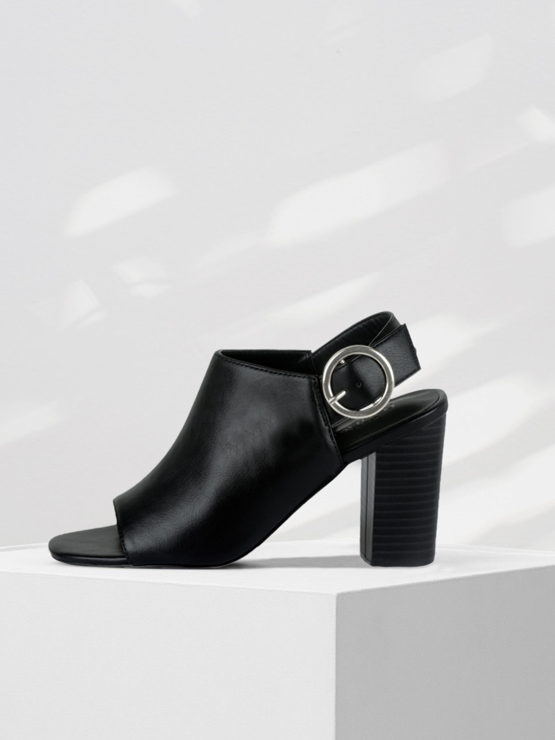 

London Rag Black Work Block Peep Toes with Buckles