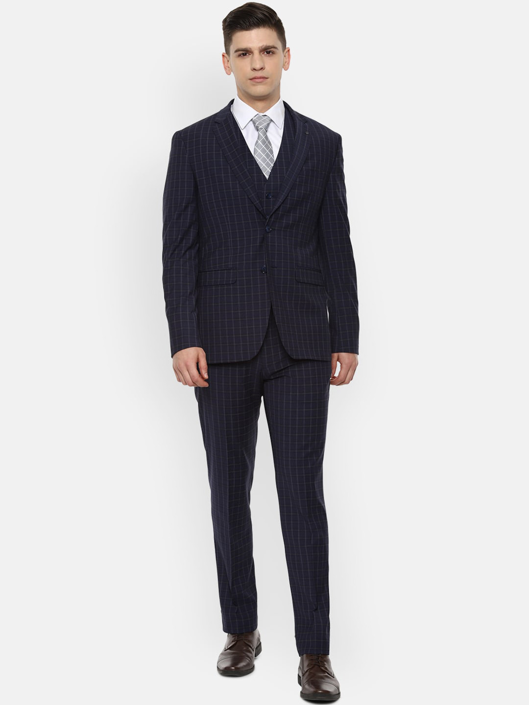 

Louis Philippe Permapress Men Navy Blue Checked Slim-Fit Three-Piece Formal Suit