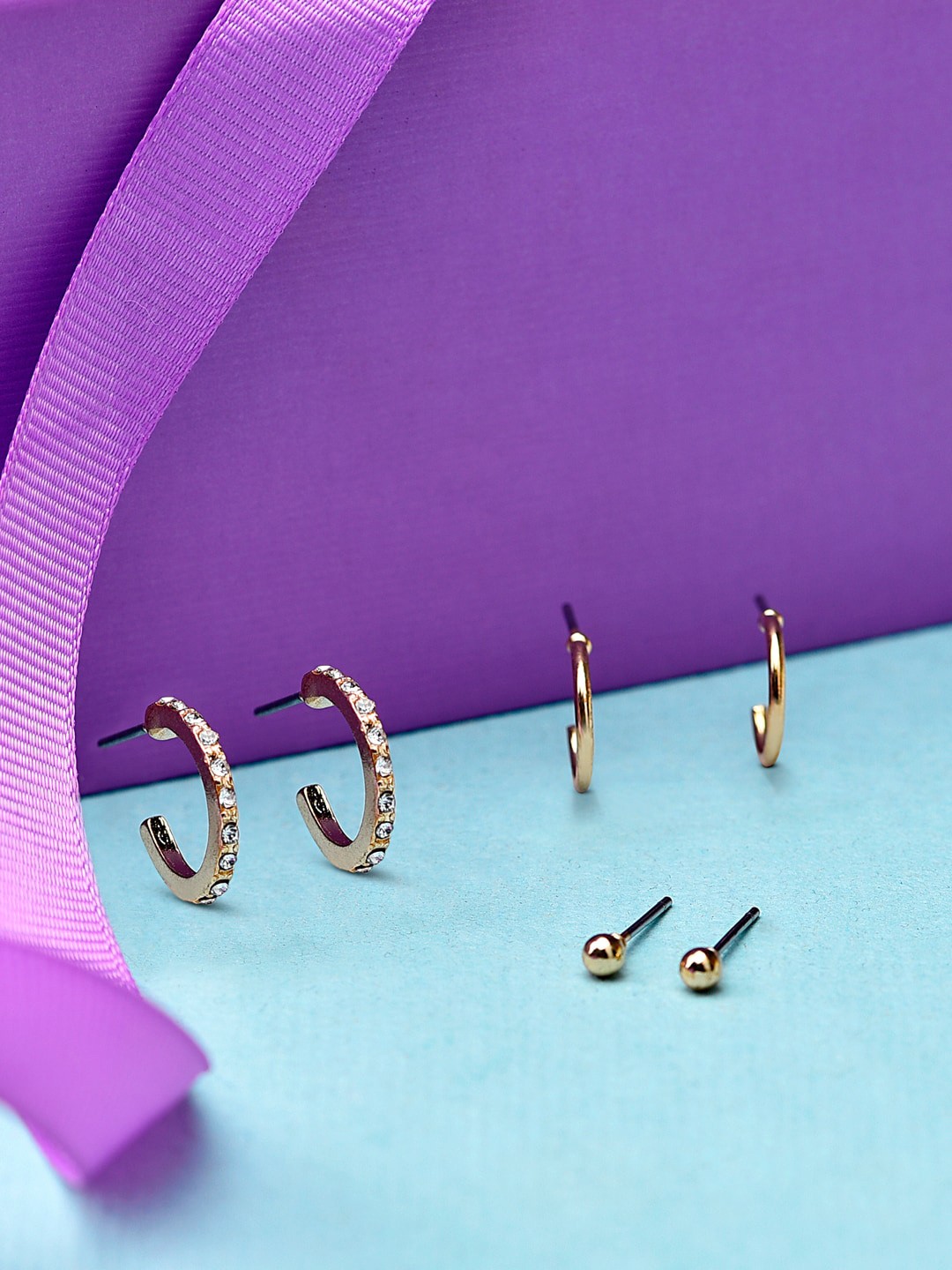 

Accessorize London Set Of 3 Pave Studded Studs & Half Hoop Earrings, Gold