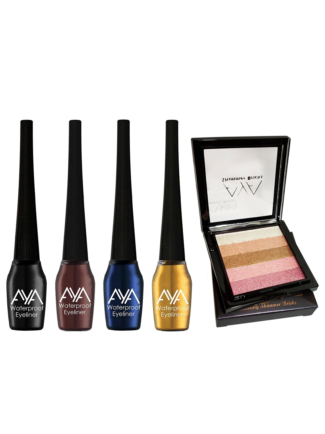 

AYA Set of 5 Waterproof Liquid Eyeliner & Shimmer Brick Highlighter, Multi