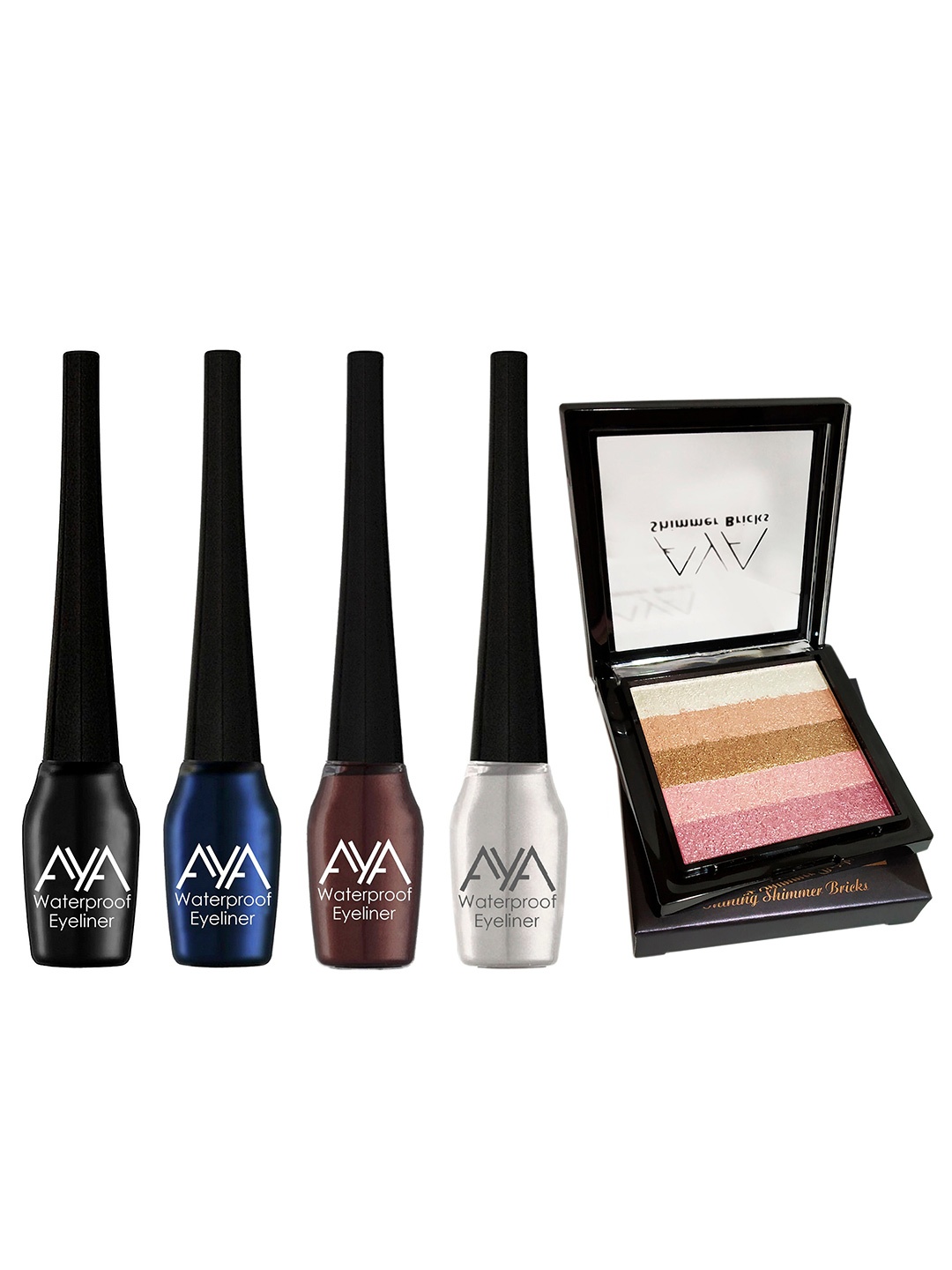 

AYA Set of 5 Waterproof Liquid Eyeliner & Shimmer Brick Highlighter, Multi
